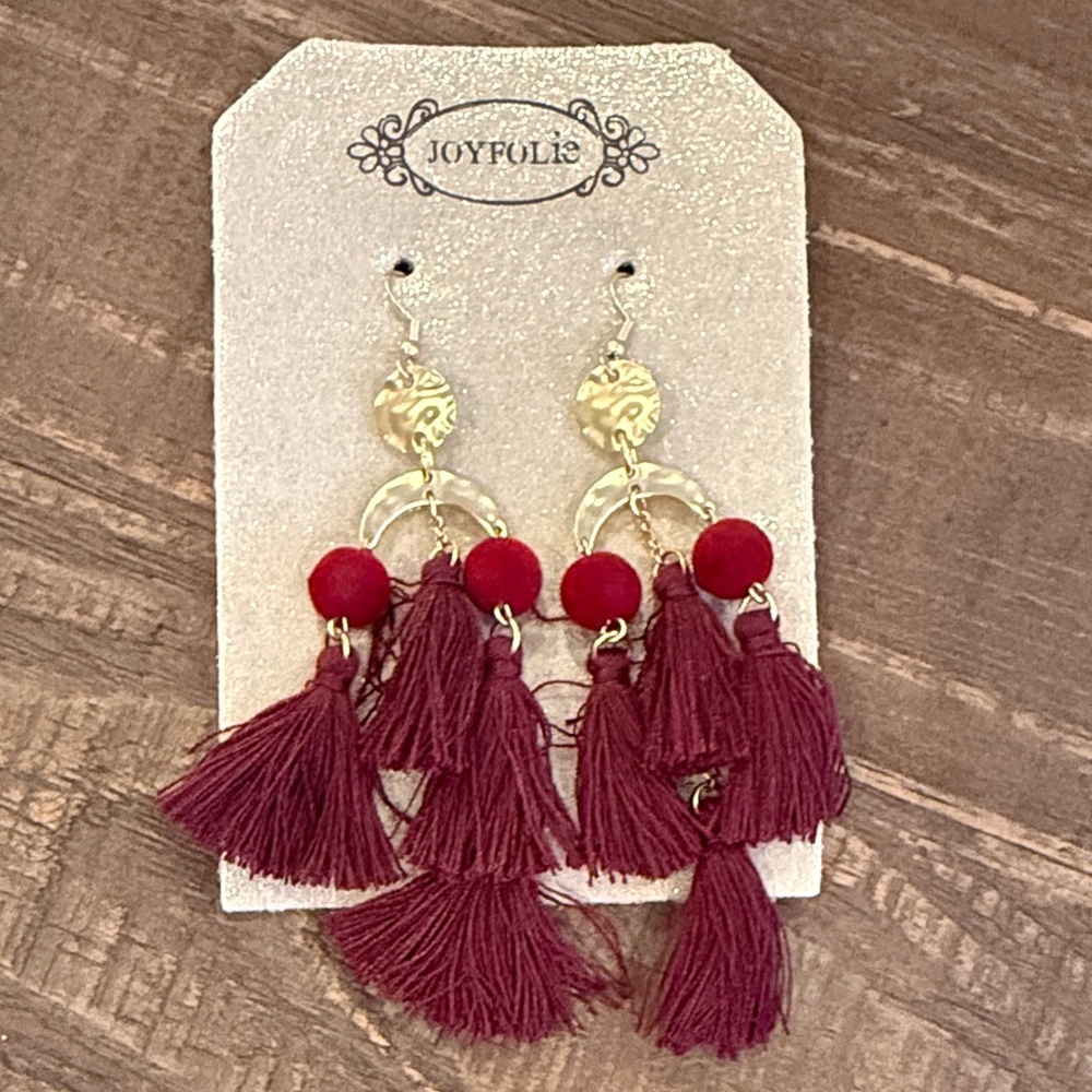 Joyfolie Burgundy and Gold Tassel Earrings